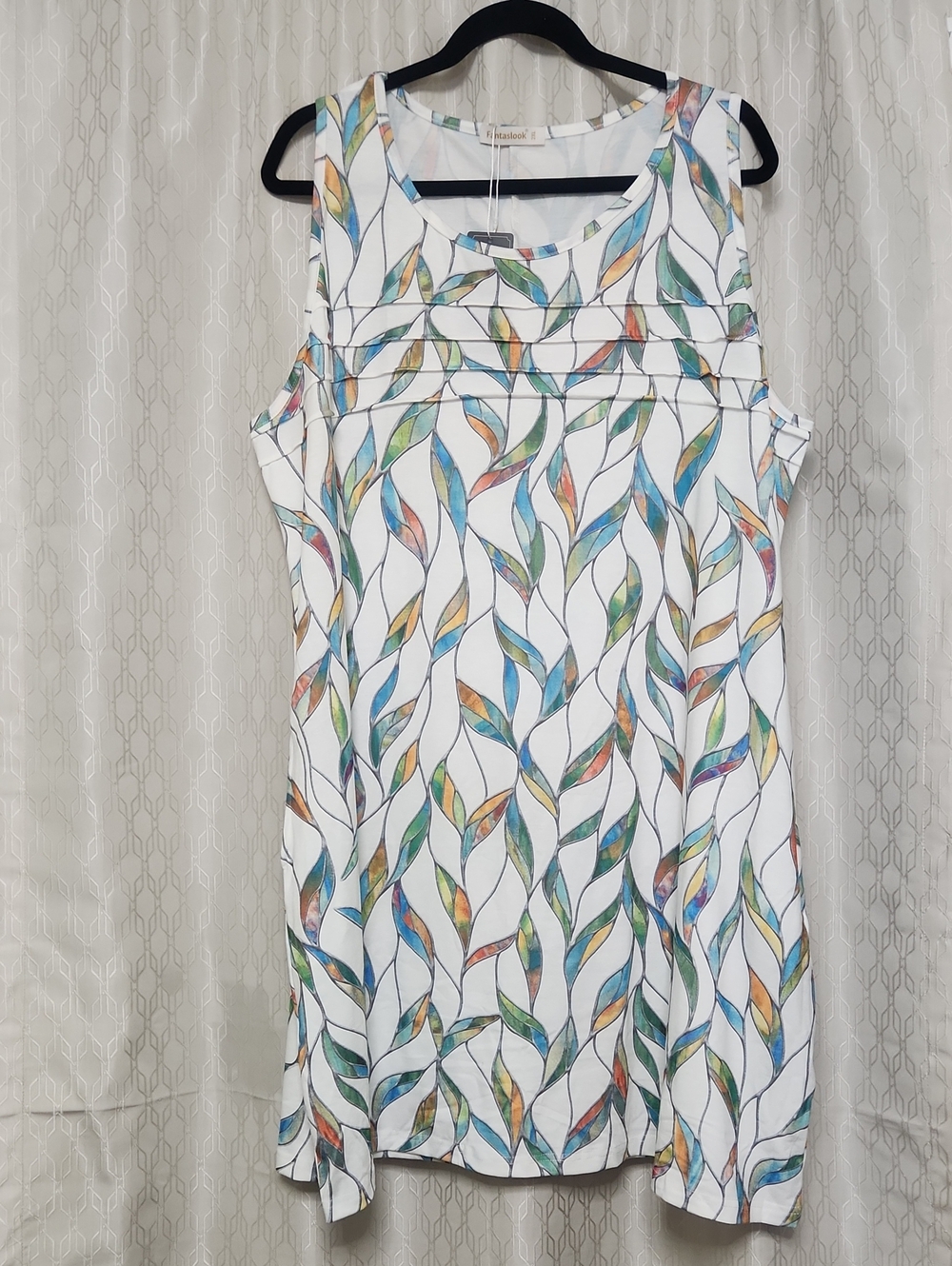 Sleeveless White Dress with Multicolor Leaf Pattern